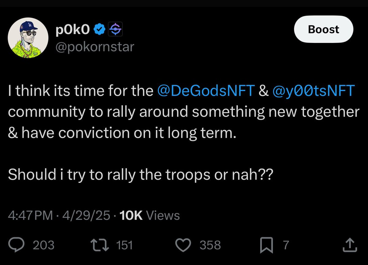 pokornstar's tweet image. Way more engagement than I expected

I started talking to a ton of @DeGodsNFT &amp;amp; @y00tsNFT OG’s

Most peopleon CT have love for the DeGods community.  At least half of CT has owned an asset at one point.   I want to bring us all back together

Drop a 🍻 below if you’re in