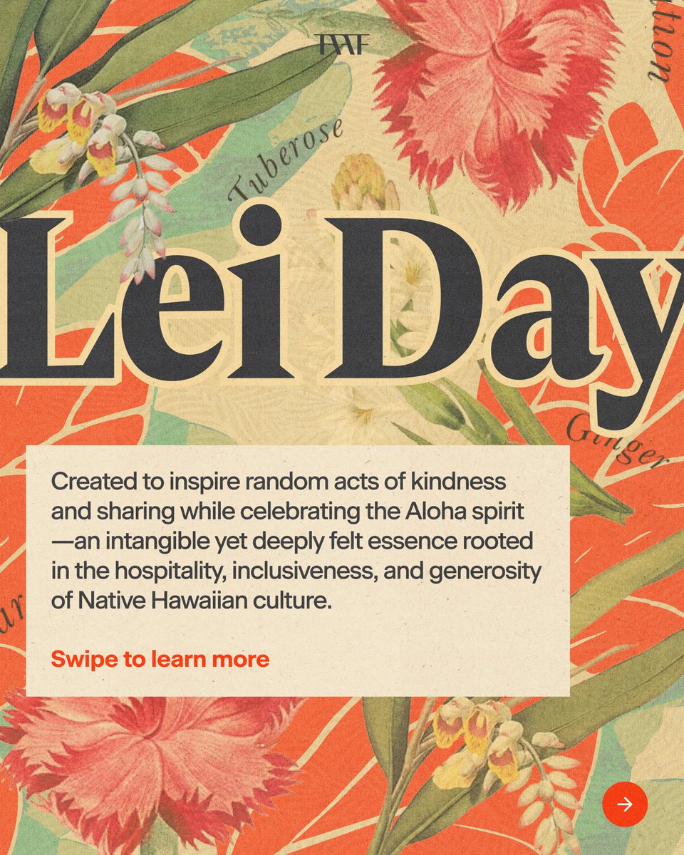 taaforg's tweet image. Happy Lei Day! A tradition born in 1928, Lei Day celebrates the Hawaiian custom of making and wearing leis—a sign of love, friendship, and aloha spirit. Swipe to learn more about the holiday, and let us know how you're celebrating below!