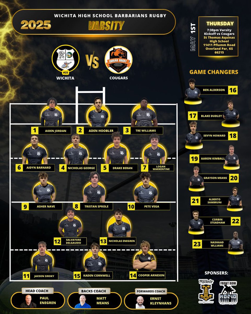 Here’s the line up for tonight’s game. Good luck to all #rugby #wichita #barbarians #wichitarugby #highschool #athletes #gameday