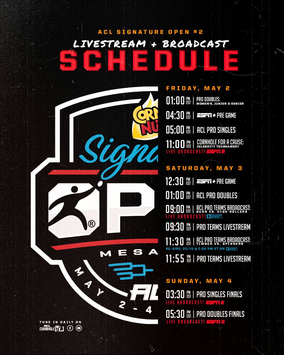Here we go! Tune in daily on ESPN2, ACL Cornhole TV, Facebook, YouTube and ESPN+ to catch Signature Open #2 live from Mesa, AZ! 📺