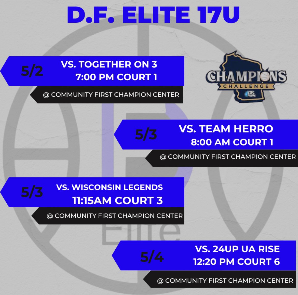 D.F. Elitewbb (@dfelitewbb) on Twitter photo This weekend we are in Appleton, WI playing in the <a href="/PGHCircuit/">Prep Girls Hoops Circuit π</a> Champions Challenge. This weekend we are in Appleton, WI playing in the <a href="/PGHCircuit/">Prep Girls Hoops Circuit π</a> Champions Challenge.