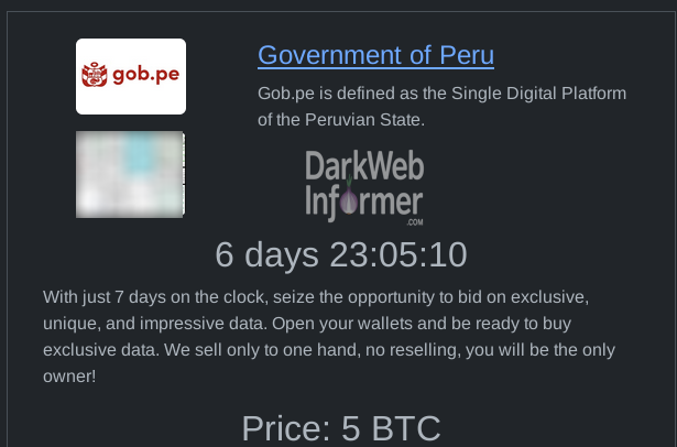 DarkWebInformer's tweet photo. 🚨🇵🇪Rhysida Ransomware Names Government of Peru as a Victim

Ransom: 5 BTC or $482,447.65 USD

Sample: Sensitive documents https://t.co/HZTTeeUgYH