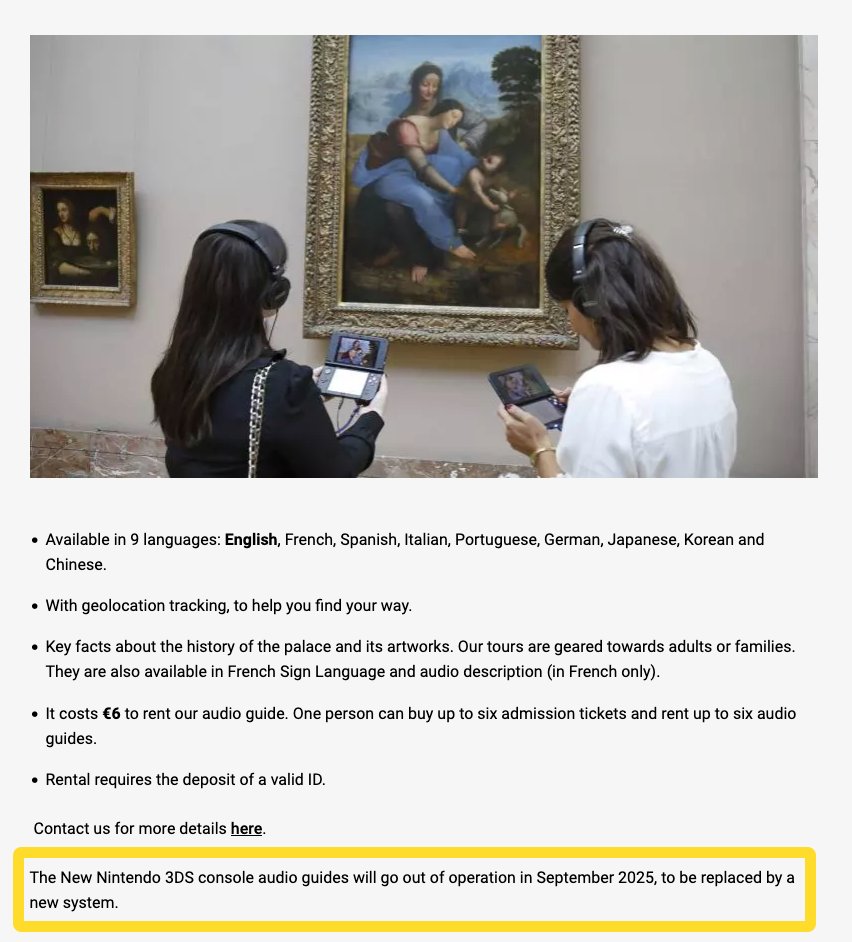 Nintendeal's tweet photo. New Nintendo 3DS XL systems used at the Louvre Museum in Paris will be retired in September 2025, "to be replaced by a new system." https://t.co/r23ZPsdT4m
