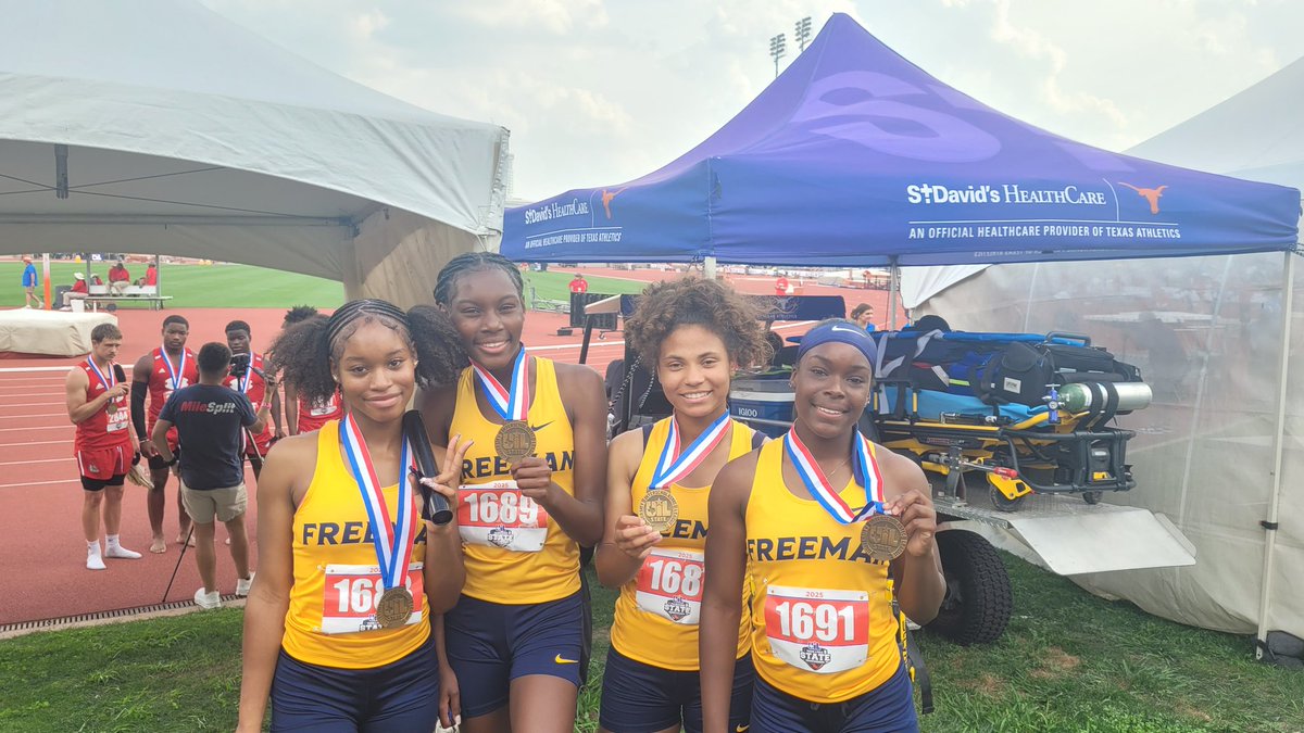 Three sophomores and a freshman placed third place in the 4 X 100 at the UIL State Meet today. Way to go, <a href="/fhsgoldtrack/">Freeman High School Track and Field</a> ladies! #GOLDstandard