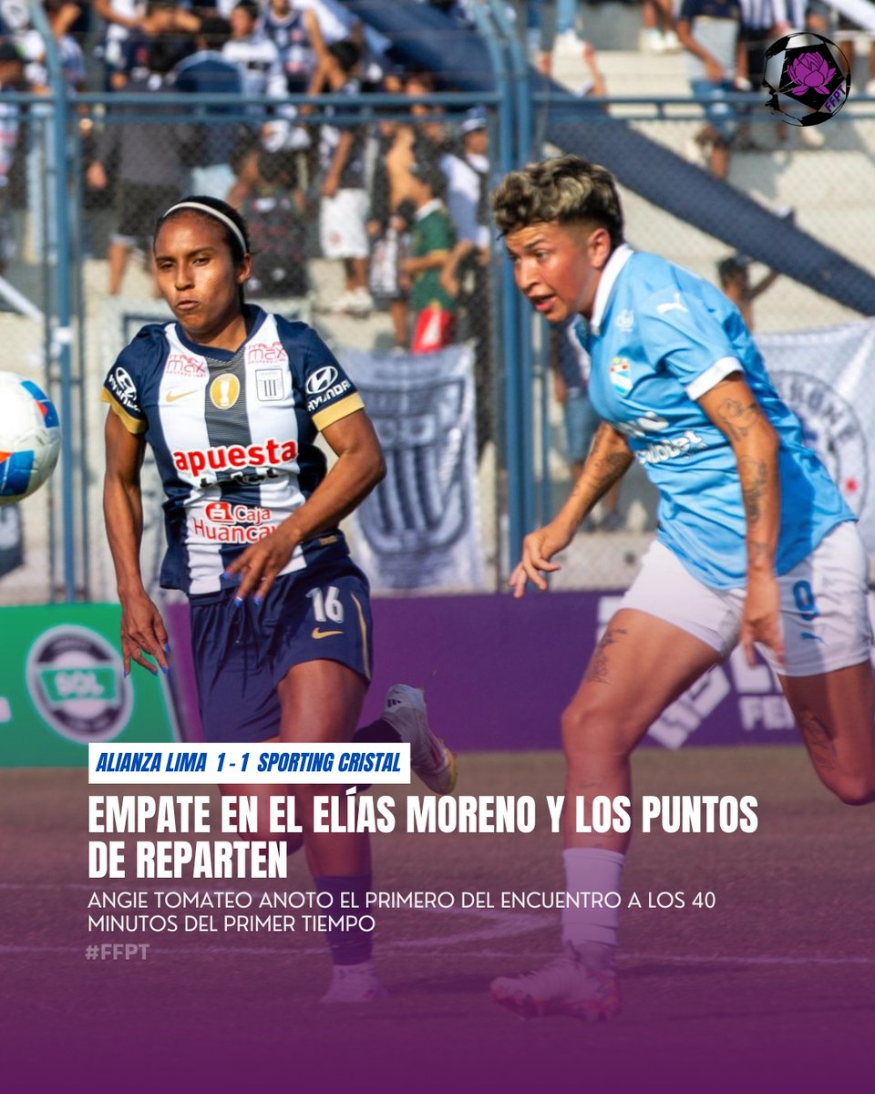 Empate en el Elías Moreno:
Alianza Lima 1-1 Sporting Cristal
Tomateo abrió el marcador para las celestes y Sashenka Porras igualó para las íntimas.
¡Duelo vibrante por la #LigaFemenina!
Foto: José Carlos Arzapalo Zacarías 
#FútbolFemenino #FFPT #AlianzaLima #SportingCristal