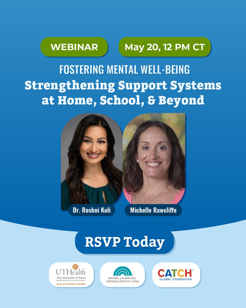 CATCH Global Foundation (@catchhealth) on Twitter photo Mental well-being is key to thriving families, schools, and communities.🧠
This Mental Health Awareness Month, we will join <a href="/UTHealthSPH/">UTHealth Houston School of Public Health</a> <a href="/msdcenter/">Michael & Susan Dell Center for Healthy Living</a> for a special conversation exploring practical, evidence-based ways to foster health and well-being for parents, families, as well Mental well-being is key to thriving families, schools, and communities.🧠
This Mental Health Awareness Month, we will join <a href="/UTHealthSPH/">UTHealth Houston School of Public Health</a> <a href="/msdcenter/">Michael & Susan Dell Center for Healthy Living</a> for a special conversation exploring practical, evidence-based ways to foster health and well-being for parents, families, as well