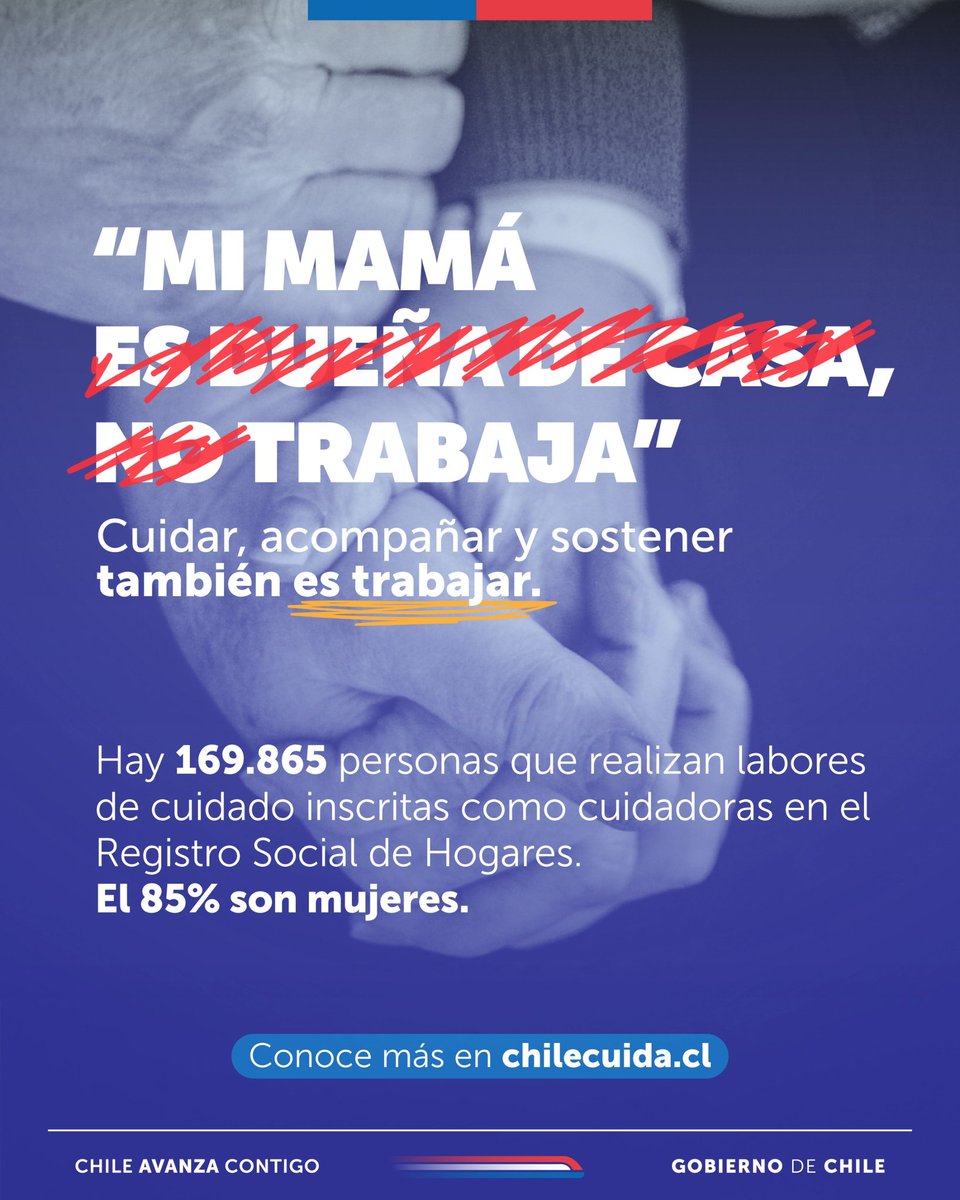En esta nueva conmemoración del Día Internacional de las y los trabajadores, recordamos que el cuidado es un trabajo. 🫰

Por eso, reafirmamos nuestro compromiso con las personas cuidadoras y su bienestar, a través de las iniciativas asociadas a #ChileCuida. 🫂

Conoce más del