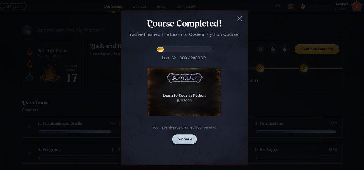 iamkey2urheart's tweet image. 🎉 Just finished the &quot;Learn to Code in Python&quot; course on @bootdotdev !

✅ Last chapters:

Dictionaries 🧾
Sets 🧺
Errors &amp;amp; Exception Handling 🐞
It was a solid foundation 
🚀 Kicking off the &quot;Learn Linux&quot; course next 

#BootDev #100DaysOfCode #CodingJourney #Python #Linux