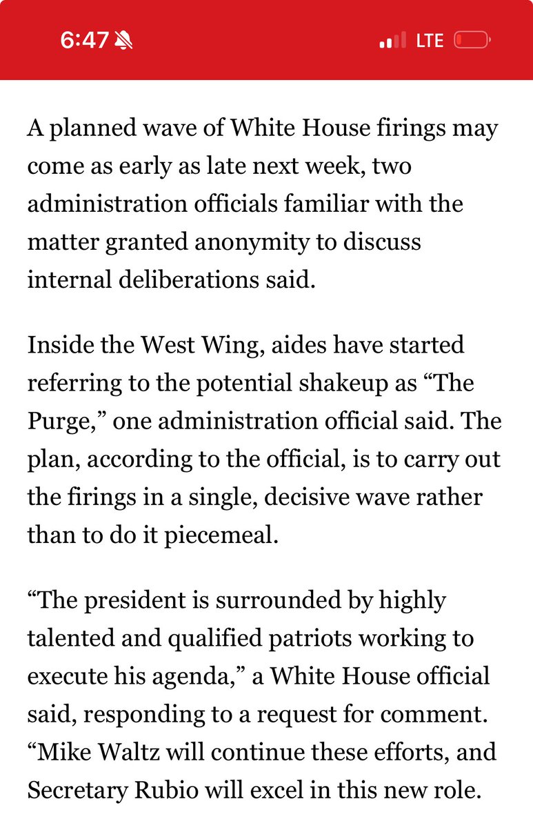 SophiaCai99's tweet photo. NEW: The White House is planning to carry out a wave of firings in what some staff are referring to as “The Purge.” 

The plan is to carry out the firings in a single, decisive wave as early as next week. 

w/ @DashaBurns @RobbieGramer @jake__traylor 

https://t.co/snejKWNEfB https://t.co/LEGxjUwjER