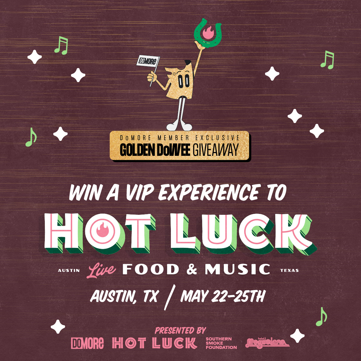 DoLA (@dola) on Twitter photo JOIN DoMORE NOW to win our @hotluckfest Flyaway! Prize: 2 Whole Enchilada passes with VIP access, 4 nights at Hotel Magdalena, flights to Austin & restaurant gift cards. Experience Aaron Franklin's cooking & White Denim live! #hotluckfest
t.dostuffmedia.com/t/c/s/272672 JOIN DoMORE NOW to win our @hotluckfest Flyaway! Prize: 2 Whole Enchilada passes with VIP access, 4 nights at Hotel Magdalena, flights to Austin & restaurant gift cards. Experience Aaron Franklin's cooking & White Denim live! #hotluckfest
t.dostuffmedia.com/t/c/s/272672