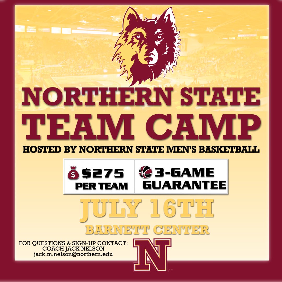 Northern State Hoops (@nsuwolves_mbb) on Twitter photo ✍️Mark your Calendars!
🏀 Northern State Team Camp
🗓️July 16th
✅JV and Varsity divisions.
✅8-Min Quarters
✅NFHS Regulation Game and Rules
A full day of high-level hoops and competition!
❓Questions❓
Contact Coach Jack Nelson:
📧 jack.m.nelson@northern.edu
#PITP 🐺 ✍️Mark your Calendars!
🏀 Northern State Team Camp
🗓️July 16th
✅JV and Varsity divisions.
✅8-Min Quarters
✅NFHS Regulation Game and Rules
A full day of high-level hoops and competition!
❓Questions❓
Contact Coach Jack Nelson:
📧 jack.m.nelson@northern.edu
#PITP 🐺