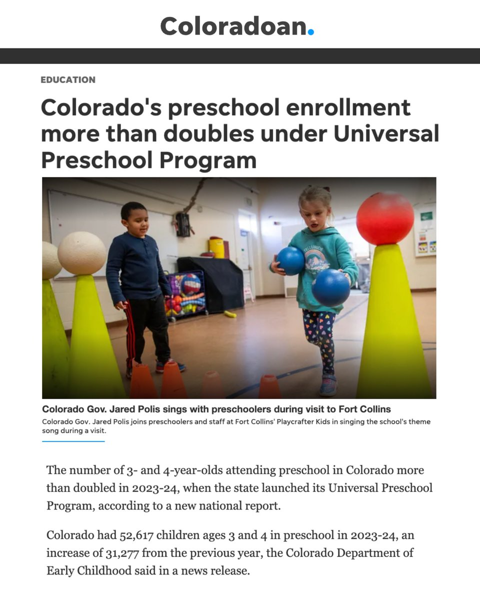 Colorado went from 27th to 3rd in the nation for preschool enrollment. We are proud to be breaking down barriers to help increase access to early childhood education and save families thousands of dollars per year. 
coloradoan.com/story/news/edu…