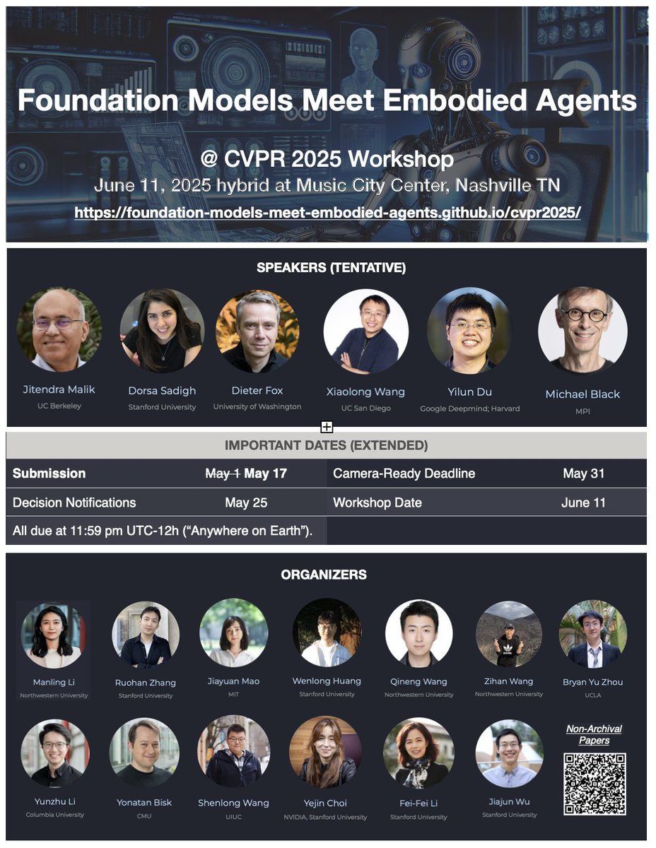 Manling Li (@manlingli_) on Twitter photo 🚨CVPR Workshop on Foundation Models + Embodied Agents
Extending non-archival submission deadline to be after NeurIPS, May 17th!
🌐Website: …models-meet-embodied-agents.github.io/cvpr2025/
📜OpenReview: openreview.net/group?id=thecv…
👥Program committee sign up form forms.gle/bL17vmr7ZbybxE…
✉️mailing list: 🚨CVPR Workshop on Foundation Models + Embodied Agents
Extending non-archival submission deadline to be after NeurIPS, May 17th!
🌐Website: …models-meet-embodied-agents.github.io/cvpr2025/
📜OpenReview: openreview.net/group?id=thecv…
👥Program committee sign up form forms.gle/bL17vmr7ZbybxE…
✉️mailing list: