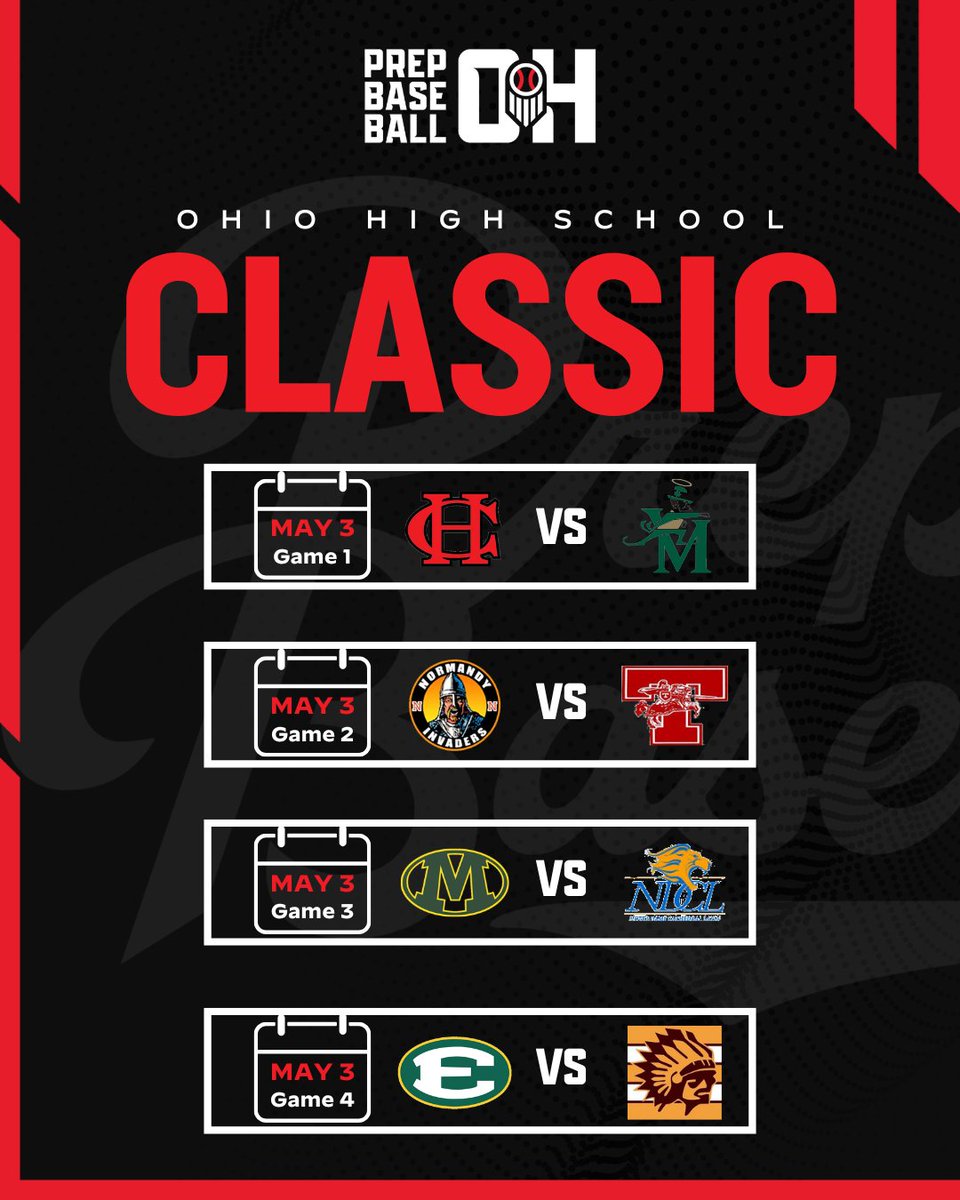 Prep Baseball Ohio (@prepbaseballoh) on Twitter photo ⚾ 𝗢𝗵𝗶𝗼 𝗛𝗶𝗴𝗵 𝗦𝗰𝗵𝗼𝗼𝗹 𝗦𝗽𝗿𝗶𝗻𝗴 𝗖𝗹𝗮𝘀𝘀𝗶𝗰
𝒶𝓉 𝒦𝑒𝓃𝓉 𝒮𝓉𝒶𝓉𝑒 𝒰𝓃𝒾𝓋𝑒𝓇𝓈𝒾𝓉𝓎
Game 1:
<a href="/ChardonBaseball/">Chardon Baseball</a> vs <a href="/STVMBaseball/">St. Vincent-St. Mary Baseball</a>
Game 2:
<a href="/InvadersBSB/">Normandy Baseball</a> vs #4 (D6) <a href="/BaseballToronto/">Redknight Baseball⚾️</a>
Game 3:
#14 (D1) <a href="/MHSBaseballBees/">Medina Bees Baseball</a> vs #6 (D4) <a href="/NDCL_Baseball/">NDCL Baseball</a>
Game 4: ⚾ 𝗢𝗵𝗶𝗼 𝗛𝗶𝗴𝗵 𝗦𝗰𝗵𝗼𝗼𝗹 𝗦𝗽𝗿𝗶𝗻𝗴 𝗖𝗹𝗮𝘀𝘀𝗶𝗰
𝒶𝓉 𝒦𝑒𝓃𝓉 𝒮𝓉𝒶𝓉𝑒 𝒰𝓃𝒾𝓋𝑒𝓇𝓈𝒾𝓉𝓎
Game 1:
<a href="/ChardonBaseball/">Chardon Baseball</a> vs <a href="/STVMBaseball/">St. Vincent-St. Mary Baseball</a>
Game 2:
<a href="/InvadersBSB/">Normandy Baseball</a> vs #4 (D6) <a href="/BaseballToronto/">Redknight Baseball⚾️</a>
Game 3:
#14 (D1) <a href="/MHSBaseballBees/">Medina Bees Baseball</a> vs #6 (D4) <a href="/NDCL_Baseball/">NDCL Baseball</a>
Game 4: