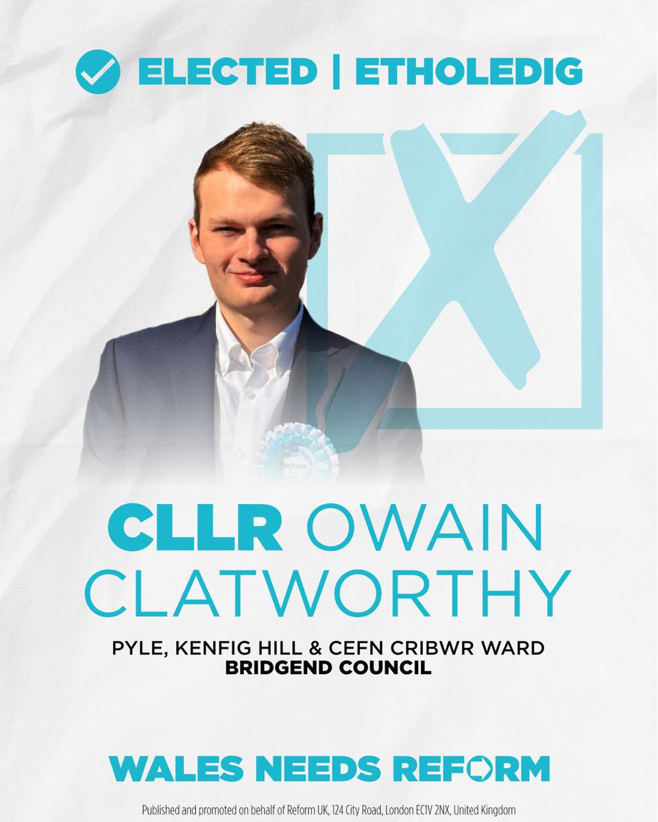 RUKWales's tweet photo. Congratulations to Cllr Owain Clatworthy on being elected to Bridgend Council for Pyle, Kenfig Hill &amp; Cefn Cribwr Ward! 

Wales needs Reform 🏴󠁧󠁢󠁷󠁬󠁳󠁿 https://t.co/k0gtgTW334