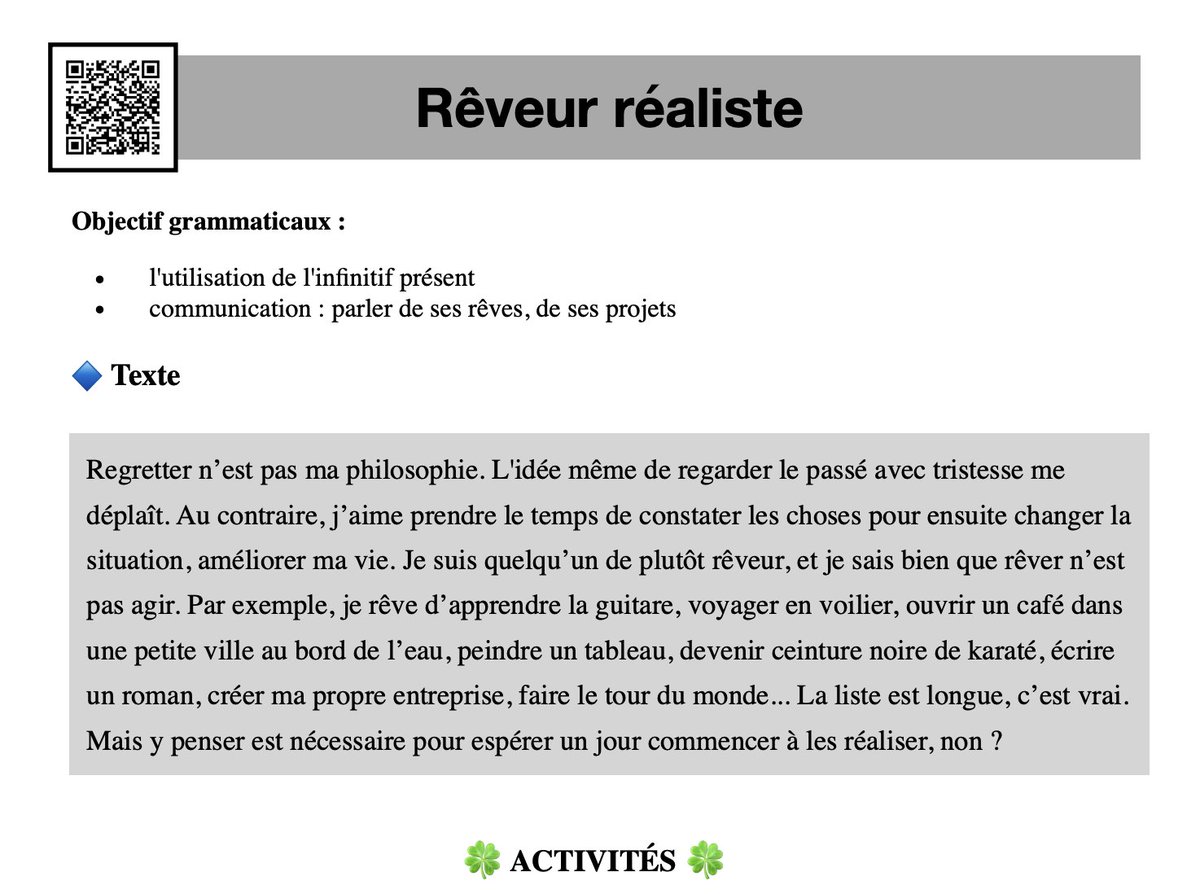 Je continue avec le texte FLE intitulé "rêveur réaliste". Il s'agit cette fois d'étudier l'emploi de l'infinitif présent dans la phrase. Plus difficile qu'on imagine. PDF, exercices et réponses disponibles ici :podcastfrancaisfacile.com/texte-court/le…