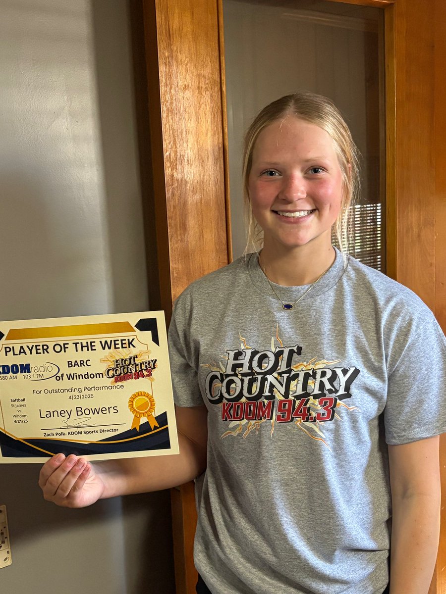 Thank you so much to <a href="/KDOMRadioWindom/">KDOM Radio</a> for nominating me for player of the week! I’m extremely grateful to have received this! <a href="/SBRRetweets/">Softball Recruiting Reposts</a>