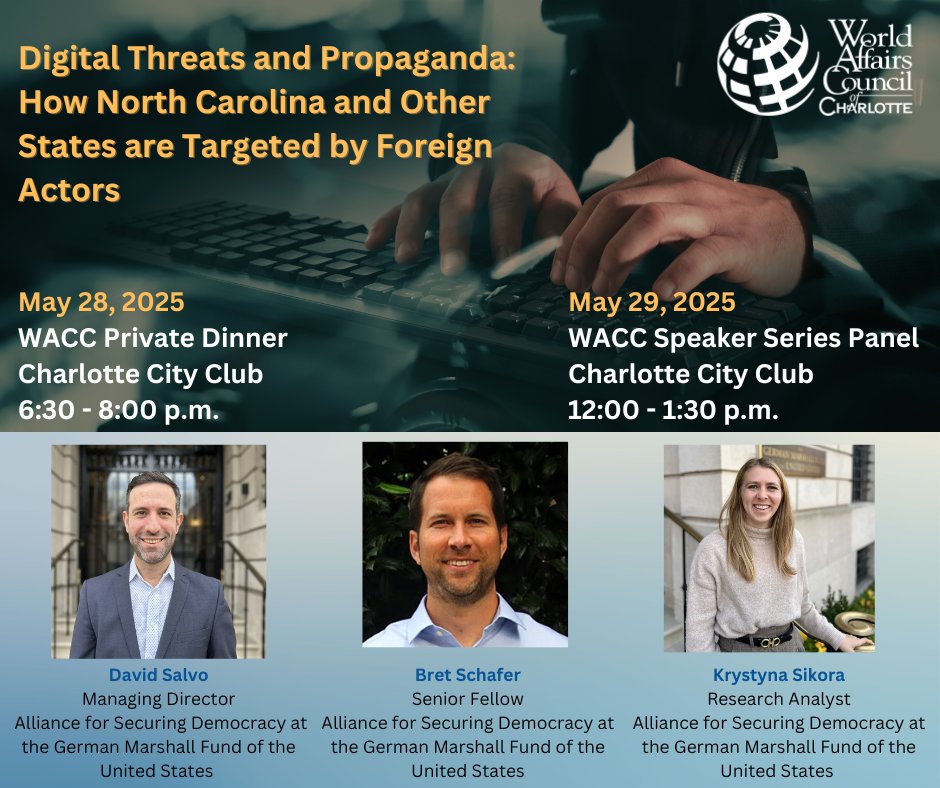 How safe is NC from foreign online attacks? Join us May 28–29 in Charlotte as experts from the Alliance for Securing Democracy reveal how AI, propaganda &amp; foreign influence are targeting our institutions. Register: bit.ly/4lLdbCT #Cybersecurity #WACC
