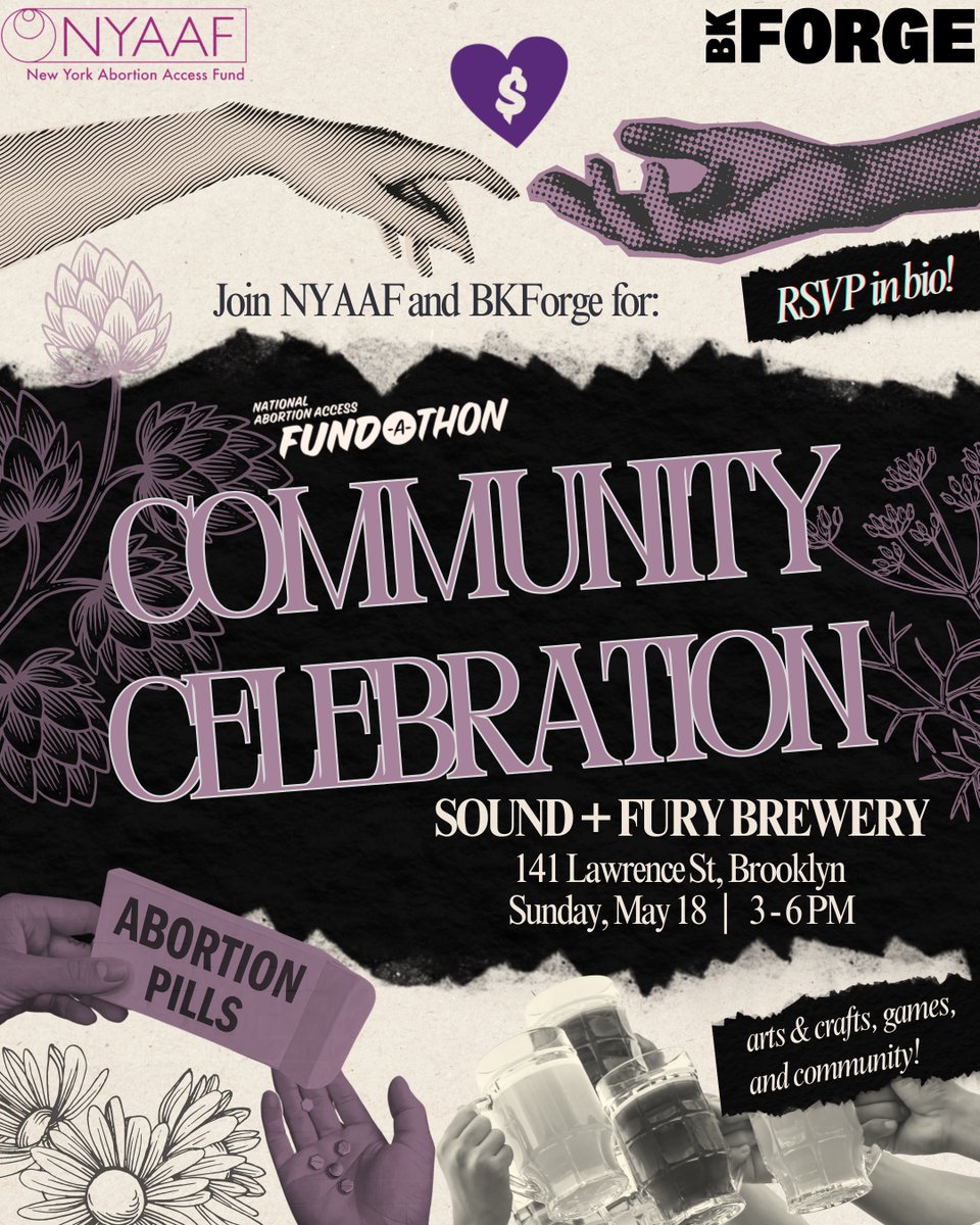 New York Abortion Access Fund (@nyaaf) on Twitter photo It's the homestretch of Fund-a-thon; we can’t wait to celebrate our incredible community! 💟
Join NYAAF and <a href="/BKForgeAhead/">BKForge (formerly WHARR)</a> on May 18 at Sound + Fury in downtown Brooklyn 🎨👕🎲
All proceeds go towards our goal of $200,000 by May 31—get your tickets now🎟️
eventbrite.com/e/new-york-abo… It's the homestretch of Fund-a-thon; we can’t wait to celebrate our incredible community! 💟
Join NYAAF and <a href="/BKForgeAhead/">BKForge (formerly WHARR)</a> on May 18 at Sound + Fury in downtown Brooklyn 🎨👕🎲
All proceeds go towards our goal of $200,000 by May 31—get your tickets now🎟️
eventbrite.com/e/new-york-abo…