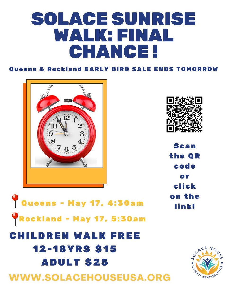 Final chance to get your hands on Early Bird tickets for the Queens and Rockland Solace Sunrise Walks!! The sale ends tomorrow!

secure.givelively.org/donate/solace-…

#solacehouseusa #solacesunrisewalk #mentalhealthmatters #youarenotalone