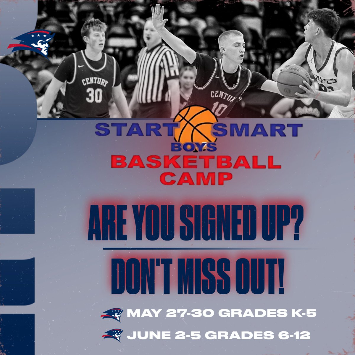 🏀Start Smart Basketball Camps are almost here!🏀

Get your athlete registered today! This camp focuses on building fundamental basketball skills in a fun environment. Learn more &amp; register at the link...
🔗 …turypatriotsboysbasketball.weebly.com/camps.html