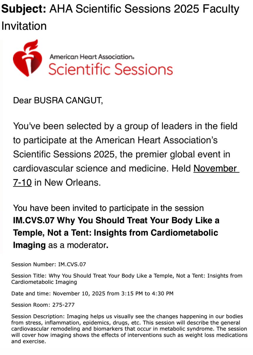 Busra Cangut, MD, MS (@busracangutmd) on Twitter photo Thrilled to receive this invitation—I've been selected to serve as a moderator for the first time at the upcoming AHA meeting! The session will focus on the role of cardiac imaging, a field I'm deeply passionate about. 🫀
Grateful for this incredible opportunity. <a href="/AHAScience/">AHA Science</a> Thrilled to receive this invitation—I've been selected to serve as a moderator for the first time at the upcoming AHA meeting! The session will focus on the role of cardiac imaging, a field I'm deeply passionate about. 🫀
Grateful for this incredible opportunity. <a href="/AHAScience/">AHA Science</a>