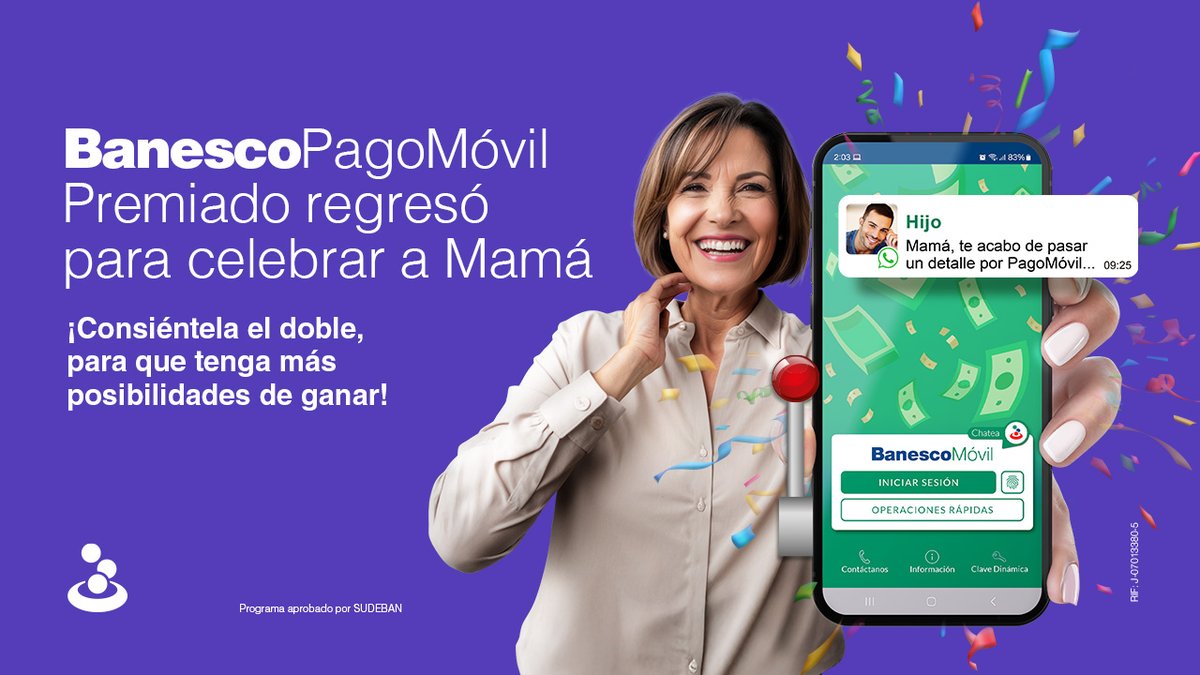 #PagoMóvilPremiado llega para celebrar el mes de las madres.

Por cada #PagoMóvil que recibas igual o mayor a Bs.250 participas para ser uno de los 10 ganadores del equivalente a $600 que serán depositados en tu cuenta Banesco.

ℹ️ Programa autorizado por Sudeban

#BanescoContigo