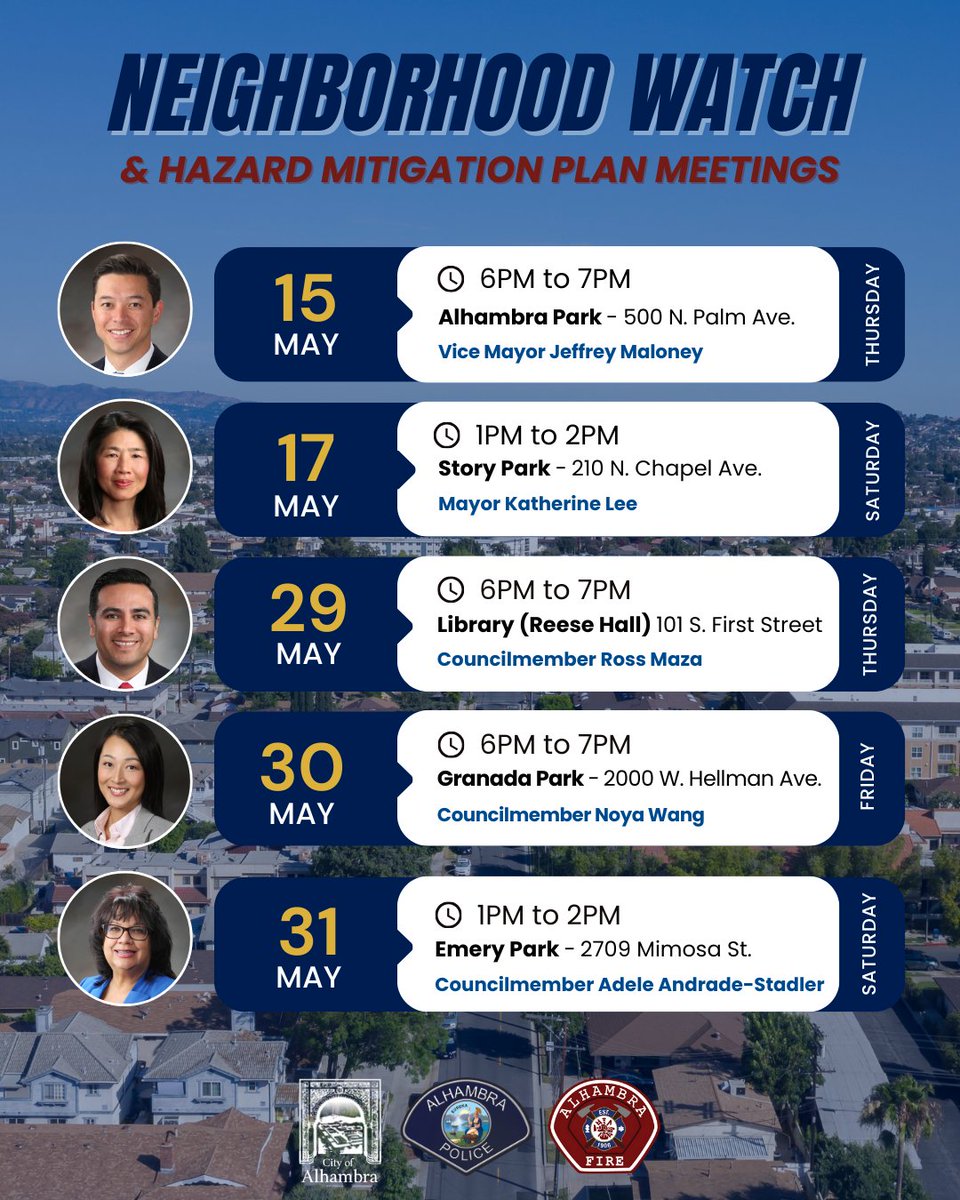 📢Join us! We're teaming up with AFD to discuss the City's Local Hazard Mitigation Plan, review the latest crime updates, and learn about crime prevention tips/strategies.

All are welcome! Please bring your own chairs for meetings at the parks.