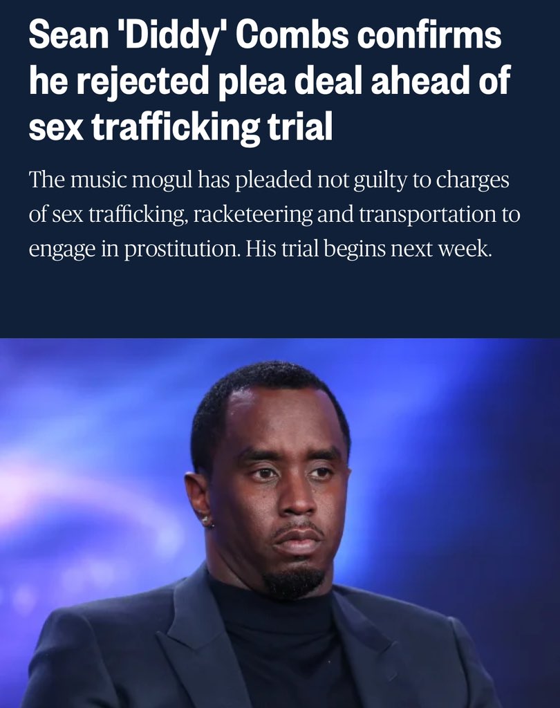 Diddy rejects plea deal and is ready for trial… 

It will start this month… 

I got a feeling he might walk with a charge and time served…..

What do you all think…?