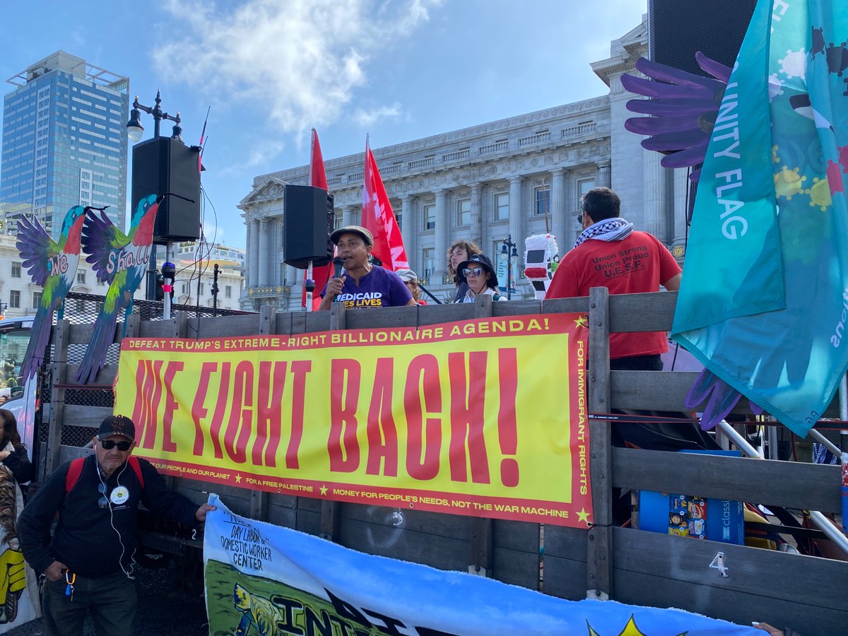 At the San Francisco May Day rally, our president Theresa Rutherford says, “The people run this country, not a bunch of thieves and hooligans!”
