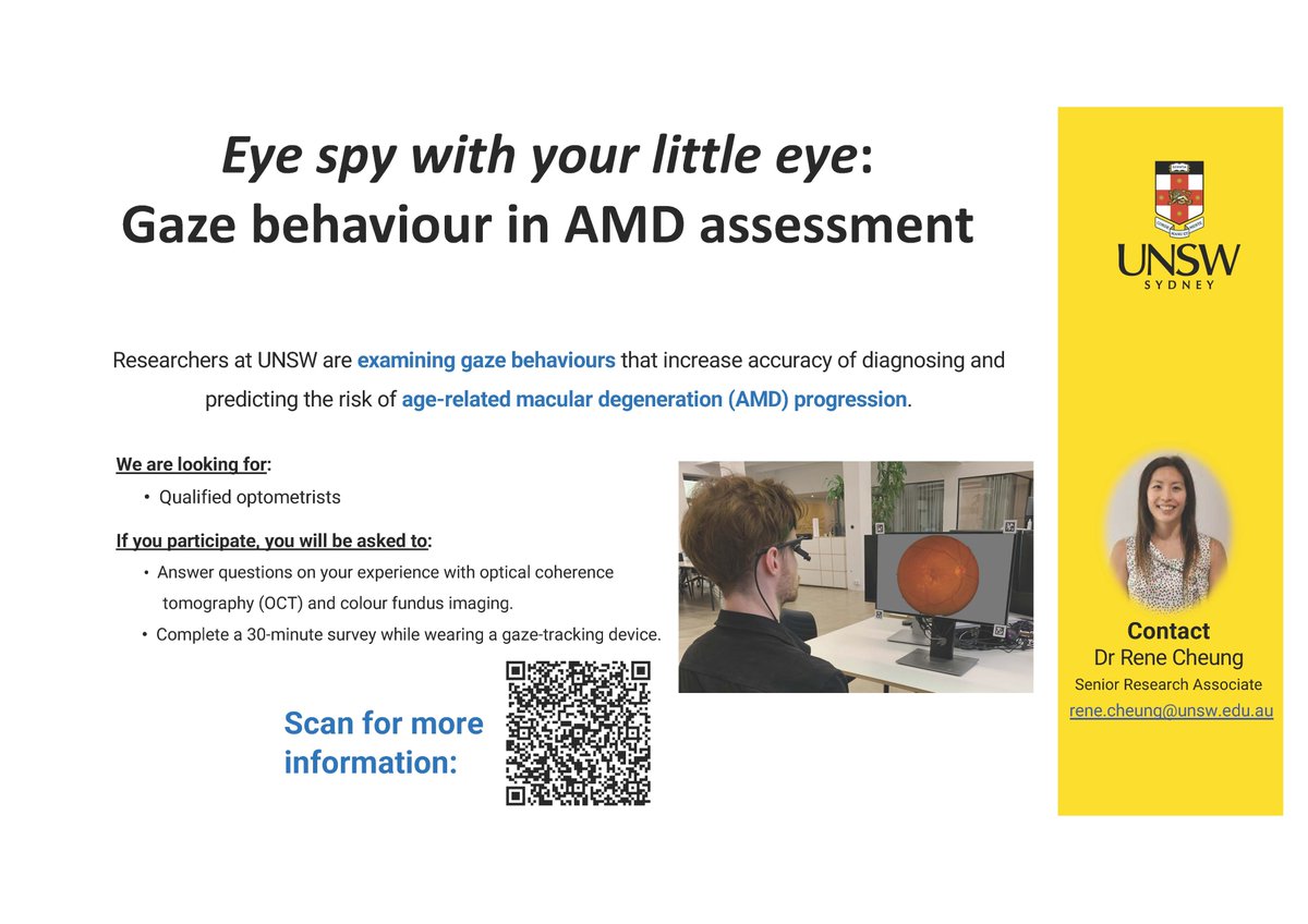 Are you a qualified optometrist? Help shape the future of AMD management!

Researchers at UNSW are using gaze-tracking technology to investigate how optometrists interpret retinal imaging for Age-related Macular Degeneration (AMD) diagnosis and prognosis, and to understand which