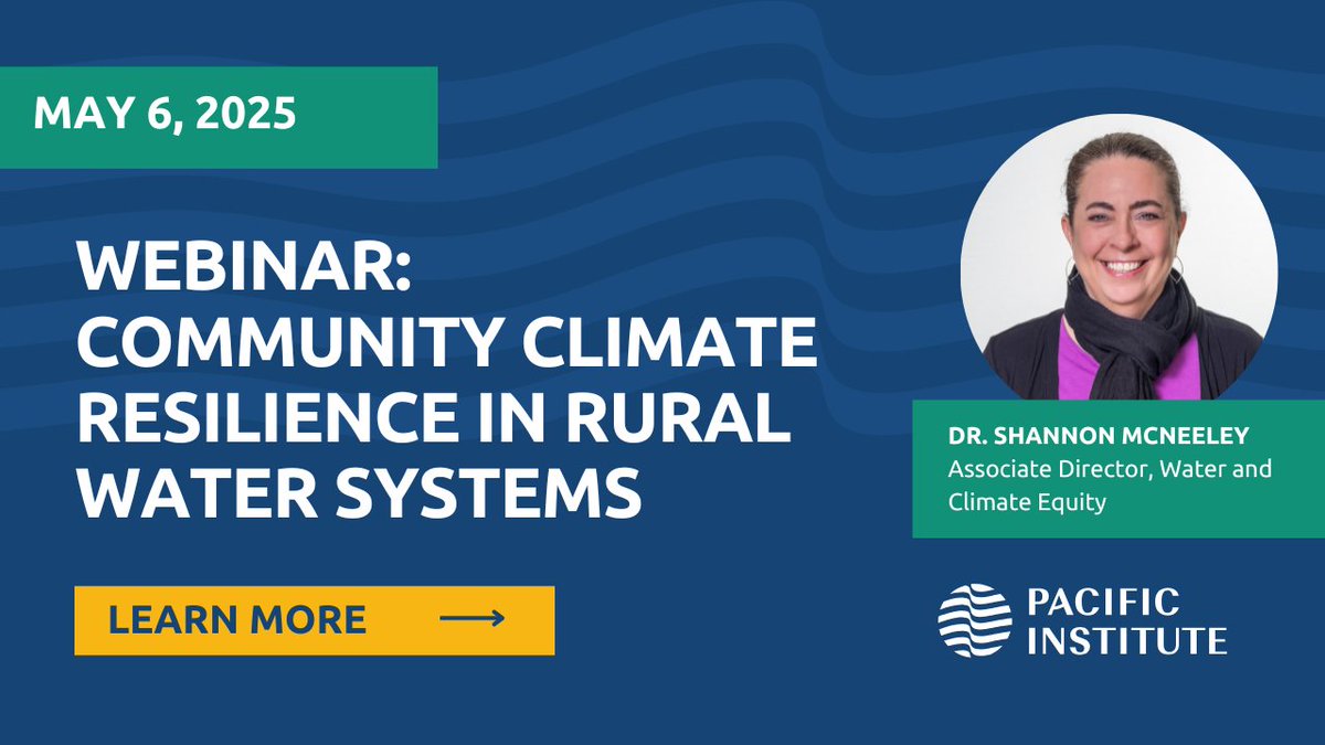 Pacific Institute's Dr. Shannon McNeeley will be featured in a webinar hosted by WaterNow Alliance on May 6.

The webinar will explore the complex challenges facing rural water systems and the ways climate change intensifies these issues.

Learn more: waternow.org/event/communit…