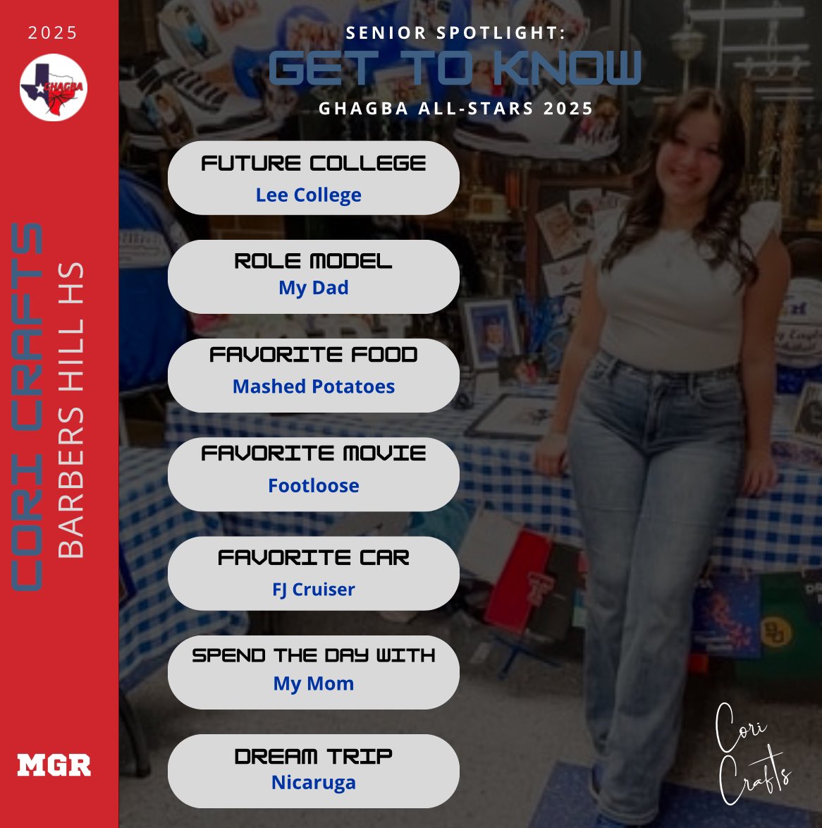 Meet the ASG Managers:

⭐️⭐️Cori Crafts - Barbers Hill HS⭐️⭐️

Don’t miss out on the 2025 GHAGBA All-Star Game. Meet us there to find out who will take home this year’s bragging rights!

🗓️ Saturday, May 3rd
🕐 2:00 PM
📍Bridgeland HS 
10707 Mason Rd. 
Cypress, Tx 77433