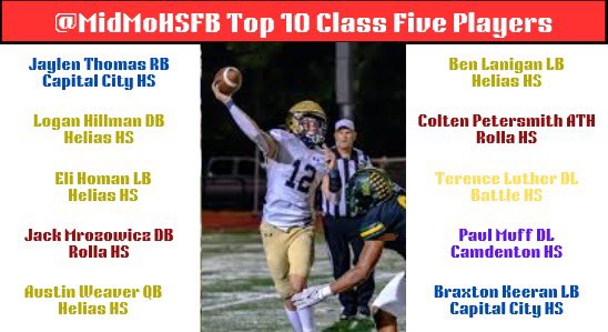 Mid-Mo HS Football (@midmohsfb) on Twitter photo Sorry Iโve been slacking but hereโs your Top 10 Class Five Players!
<a href="/Loganhillman26/">Logan Hillman</a> <a href="/eli_homan07/">Eli Homan</a> <a href="/jack_mrozowicz/">Jack Mrozowicz</a> <a href="/Ben_Lanigann/">Ben Lanigan</a> <a href="/Coltpetersmith9/">Colton Petersmith</a> <a href="/braxton_keeran/">Braxton keeran</a> <a href="/capcityfb/">Capital City Football</a> <a href="/MBHFOOTBALL/">Battle Football</a> <a href="/pappyshogs/">Camdenton Laker Football</a> Sorry Iโve been slacking but hereโs your Top 10 Class Five Players!
<a href="/Loganhillman26/">Logan Hillman</a> <a href="/eli_homan07/">Eli Homan</a> <a href="/jack_mrozowicz/">Jack Mrozowicz</a> <a href="/Ben_Lanigann/">Ben Lanigan</a> <a href="/Coltpetersmith9/">Colton Petersmith</a> <a href="/braxton_keeran/">Braxton keeran</a> <a href="/capcityfb/">Capital City Football</a> <a href="/MBHFOOTBALL/">Battle Football</a> <a href="/pappyshogs/">Camdenton Laker Football</a>