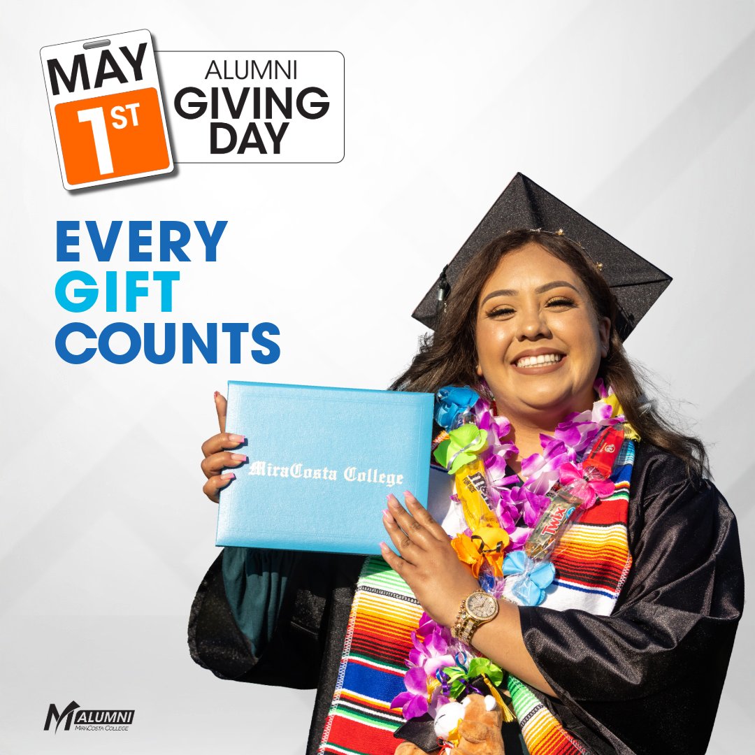 Our 24-hour giving campaign, Alumni Giving Day, ends tonight.

This is your chance to support MiraCosta College students through scholarships, emergency grants, and campus resources.

Every gift matters. Make yours before midnight &gt; ow.ly/mp3y50VLIeq

#MiraCostaAlumni