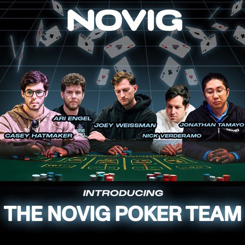 We're excited to welcome these poker players to the Novig family!

<a href="/Nick_Verd/">john means superfan</a>
<a href="/casey_hat/">Casey Hatmaker</a> 
<a href="/JoeyWeissman/">Joey Weissman</a> 
<a href="/AriEngelPoker/">Ari Engel</a> 
<a href="/driverseati/">Jonathan Tamayo</a> 

Catch them competing at the WSOP this summer! ♠️