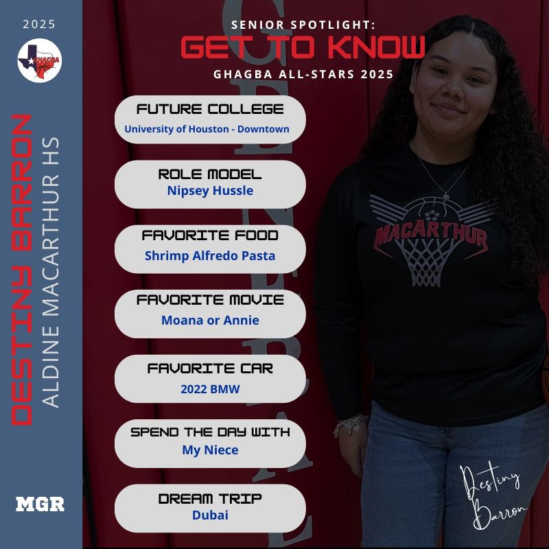 Meet the ASG Managers:

⭐️⭐️Destiny Barron - MacArthur HS⭐️⭐️

Don’t miss out on the 2025 GHAGBA All-Star Game. Meet us there to find out who will take home this year’s bragging rights!

🗓️ Saturday, May 3rd
🕐 2:00 PM
📍Bridgeland HS 
10707 Mason Rd. 
Cypress, Tx 77433