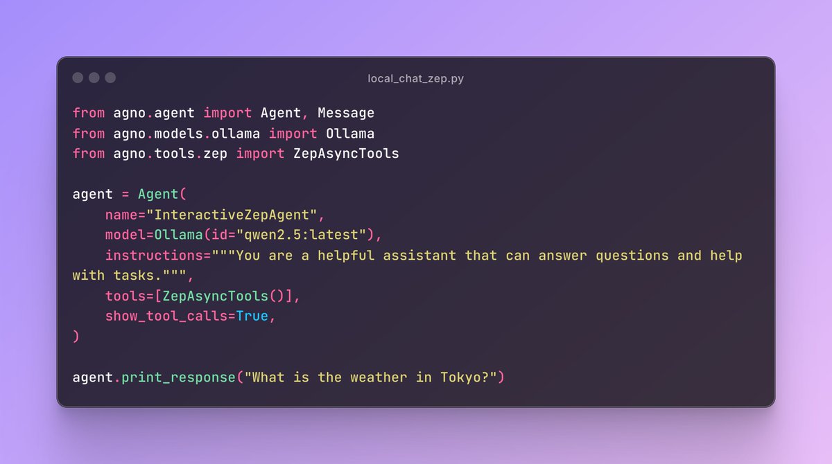 💬 Local chat agent with long-term memory

Built with Ollama, powerful qwen model and Agno. Memory layer by Zep