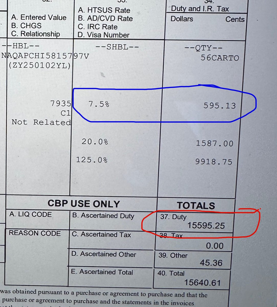 Just received our first shipment of goods with the new Trump tariffs applied.

Circled in the blue is the tariff bill before Trump. Circled in the red is the tariff bill after Trump. A $10k difference on one small shipment. 

As a US company, we pay this tariff and it’s due to
