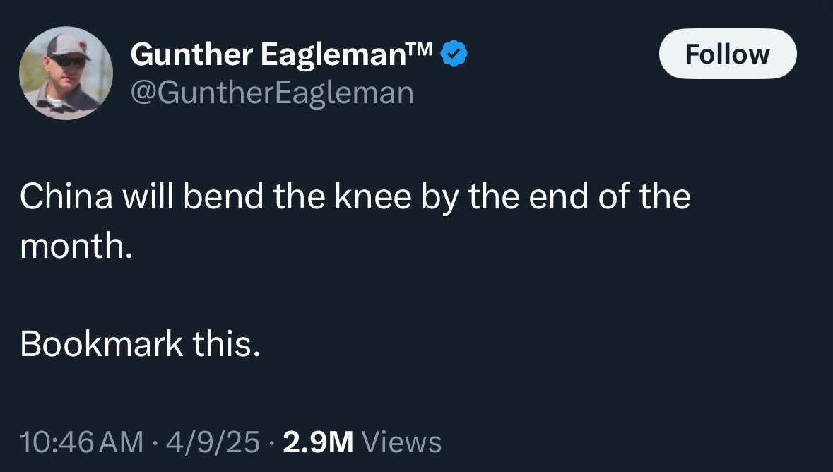 Hey <a href="/GuntherEagleman/">Gunther Eagleman™</a> it’s May 1st, any update on China bending the knee? 😂🤡
