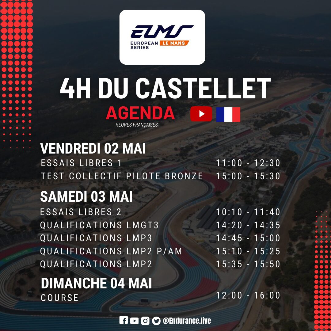 Endurance_Live's tweet photo. Les 4 Heures du Castellet : l'agenda
https://t.co/joGEwI04bv
#4HCASTELLET #AGENDA #ELMS #ENDURANCE #LMGT3 #LMP2 #LMP3 https://t.co/q8MeDhno3o