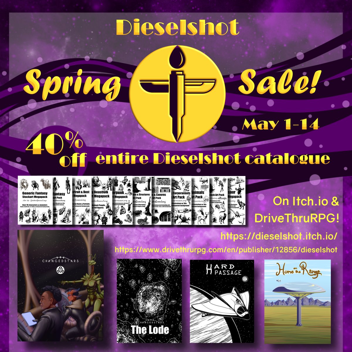 Today's the First day of #Dieselshot's Spring Sale! 

Everything in the catalogue is 40% off on Itch.io! If you were eying #ChangedStars now's your chance to get it for only $18! All Modules, Tile-sets, &amp; Stock Art packs on sale too! 

dieselshot.itch.io