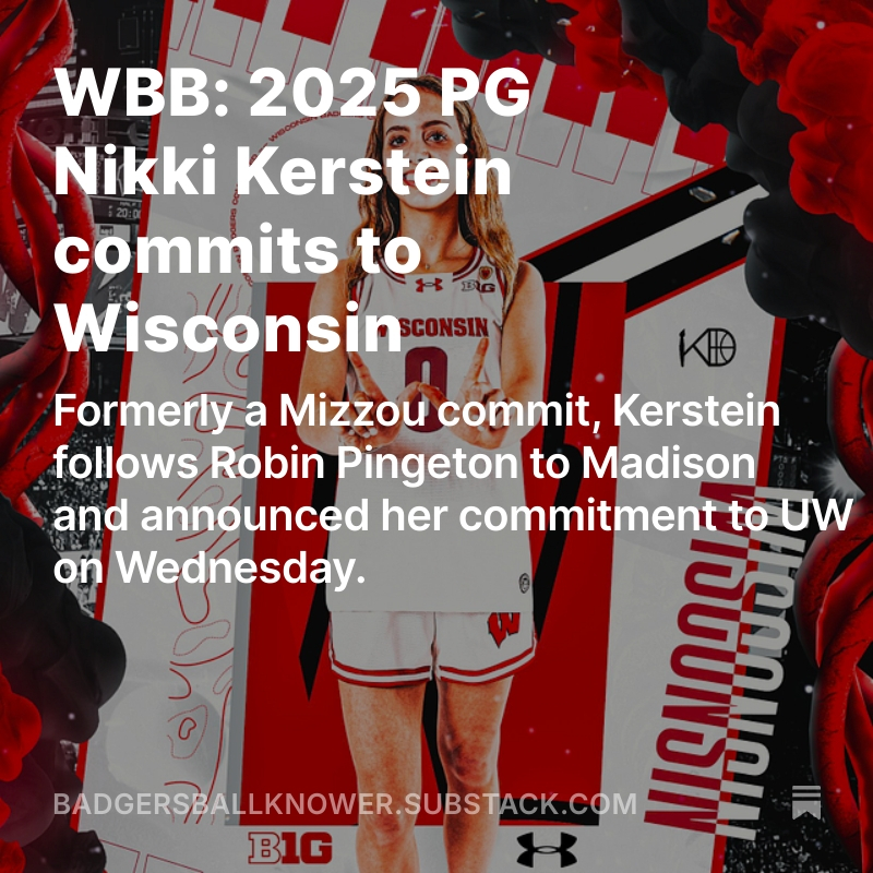Badgers Ball Knower (@badgersballknow) on Twitter photo The #Badgers added 2025 PG <a href="/nikkikerstein/">Nikki Kerstein</a> to their roster on Wednesday. Originally a Mizzou commit for Robin Pingeton, Kerstein opted to follow her coach to Madison.
Breakdown of her game⬇️⬇️⬇️
Link: open.substack.com/pub/badgersbal… The #Badgers added 2025 PG <a href="/nikkikerstein/">Nikki Kerstein</a> to their roster on Wednesday. Originally a Mizzou commit for Robin Pingeton, Kerstein opted to follow her coach to Madison.
Breakdown of her game⬇️⬇️⬇️
Link: open.substack.com/pub/badgersbal…