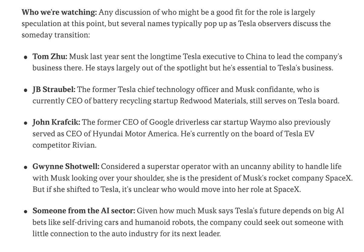 NathanBomey's tweet image. Elon Musk may not step down as Tesla CEO anytime soon, but sudden discussion of the very possibility raises questions about the list of possible successors.
Here are a few that could be in the discussion.
axios.com/2025/05/01/elo…