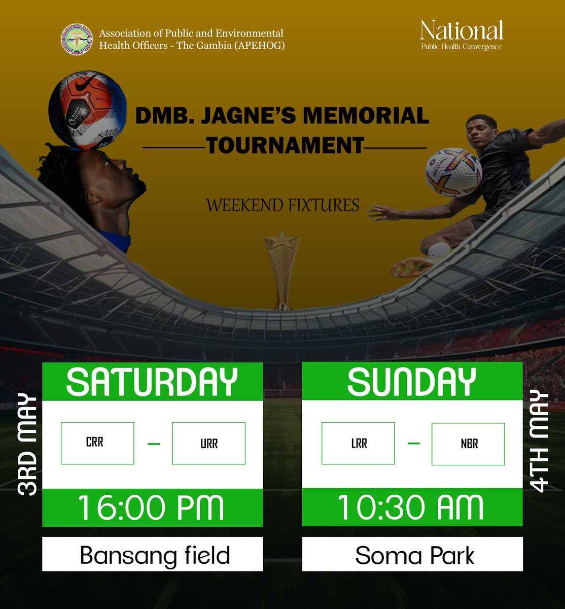The Knock-Out tournament resumes this weekend in CRR &amp; LRR as part of the build-up to the National Public Health Convergence 2025!

We’re proud to unveil its official name; The DMB Jagne Public Health Football Tournament, honoring a national health icon.
#NPHC2025