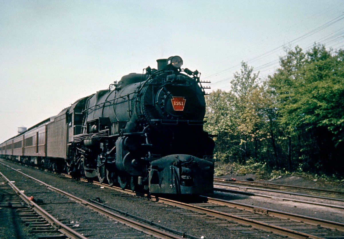 Pennsylvania 4-6-2 #1361 at Monmouth Park, NJ, circa 1950. She is currently under restoration by the Railroaders Memorial Museum in Altoona. 

american-rails.com/1361.html