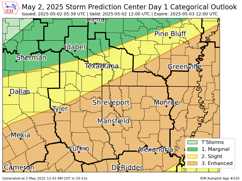 #SPC issues Day 1 Enhanced Convective Risk at May 2, 5:39z for SHV spc.noaa.gov/products/outlo…