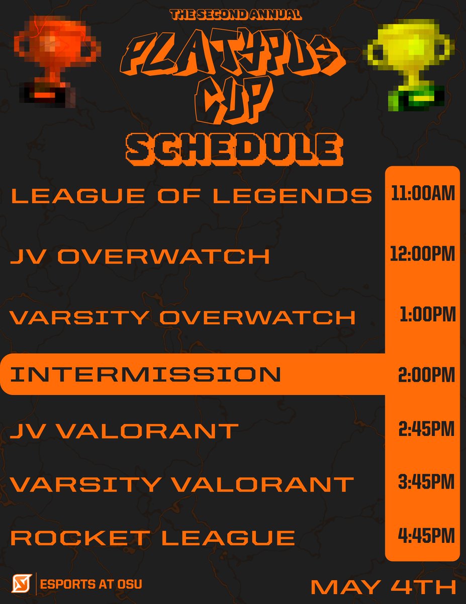 Here's the schedule for platypus cup y'all! pull up on the twitch steam or in person in the University of Oregon EMU!  We cant wait to see everyone 😉... except for <a href="/UOEsports/">University of Oregon Esports</a> ... we'll see you I guess 🙄
#platypuscup #esportsatosu #esportscompetition