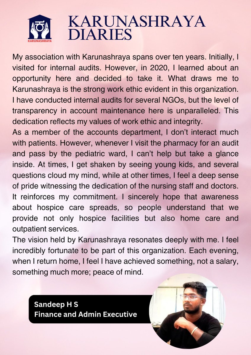 At Karunashraya, every day is a journey of growth, not just work.
Presenting the next story from #KarunashrayaDiaries – featuring Mr. Sandeep H S and his inspiring path of service.
#VolunteerImpact #HospiceCare #CompassionInAction