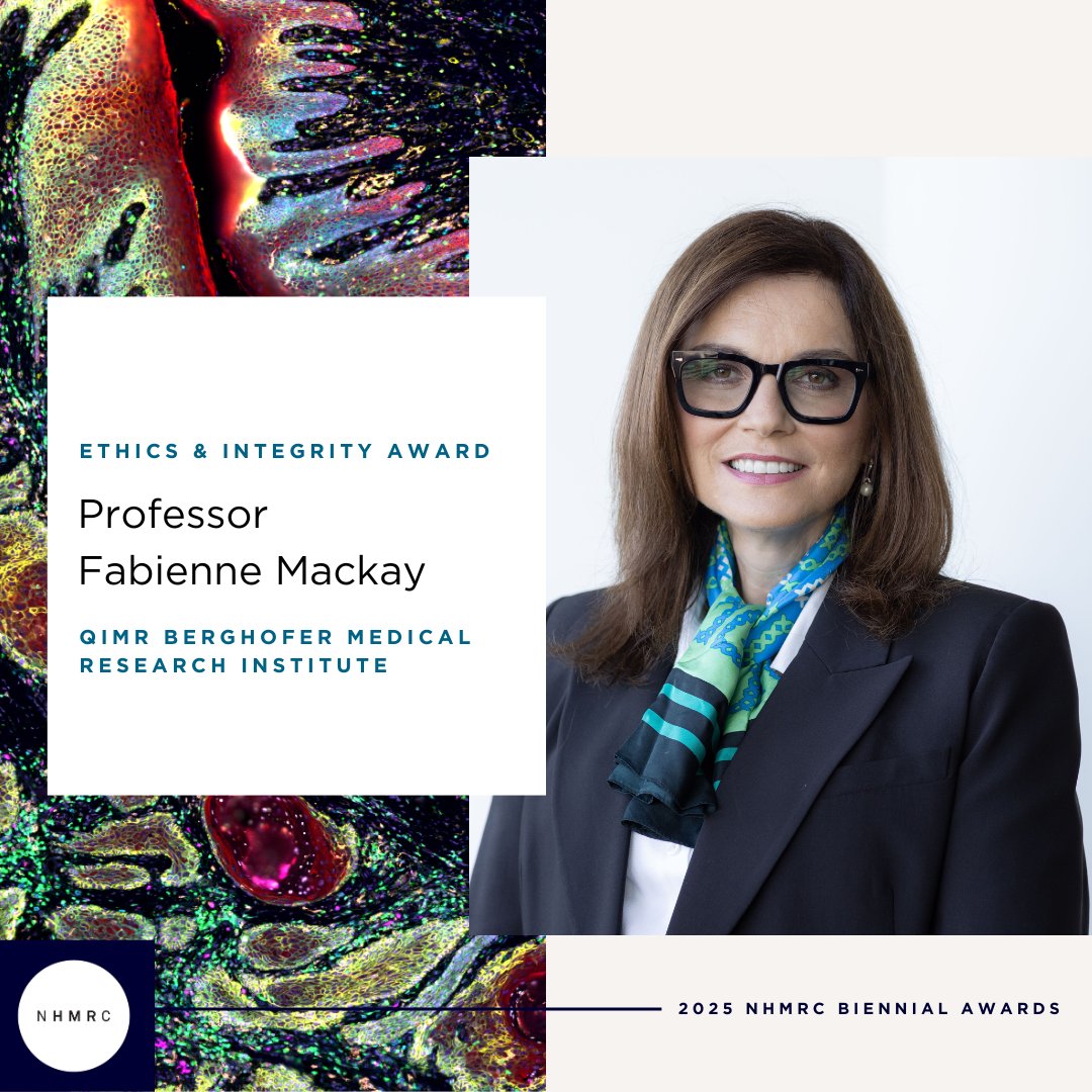 NHMRC (@nhmrc) on Twitter photo Professor Fabienne Mackay from <a href="/QIMRB_Institute/">QIMR Berghofer</a> won the 2025 NHMRC Ethics & Integrity Award for her unwavering leadership in upholding research integrity during unprecedented times. Read Professor Mackay’s research story, in her own words, on our website: ow.ly/YOX850VFVlH Professor Fabienne Mackay from <a href="/QIMRB_Institute/">QIMR Berghofer</a> won the 2025 NHMRC Ethics & Integrity Award for her unwavering leadership in upholding research integrity during unprecedented times. Read Professor Mackay’s research story, in her own words, on our website: ow.ly/YOX850VFVlH